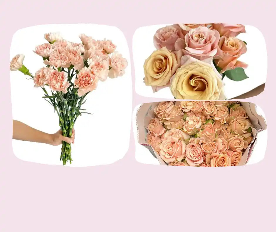 Assorted pink and peach floral arrangements.