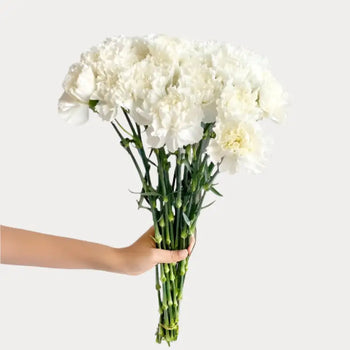 White carnation bouquet for weddings and events (BloombyBunches.ca)