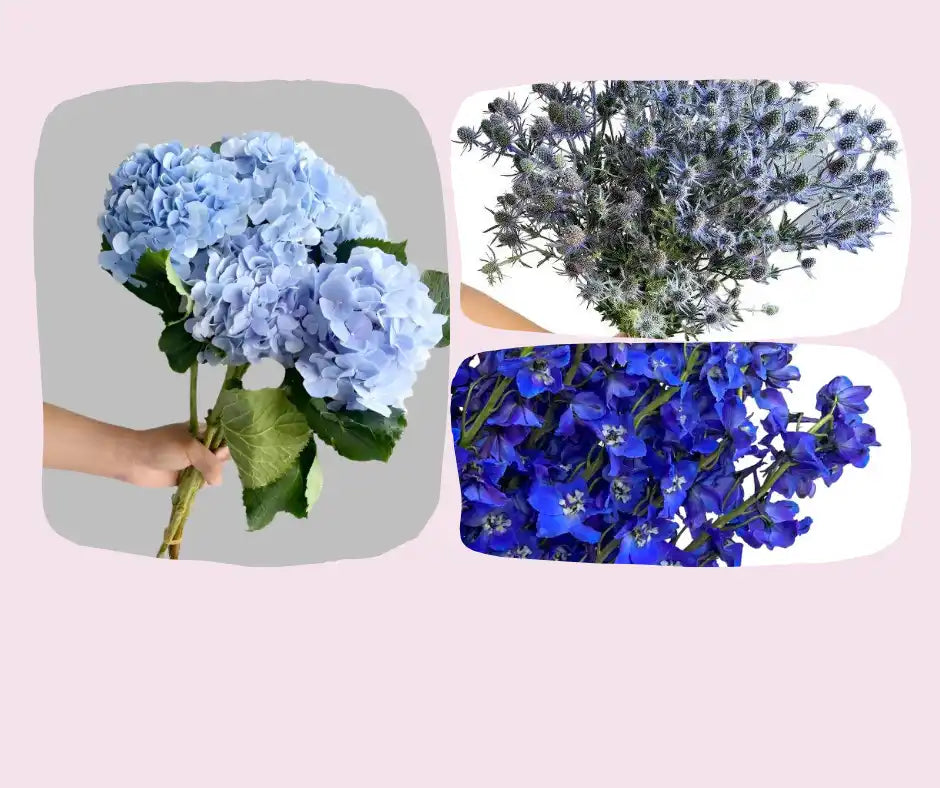Floral arrangement of blue hydrangeas, sea holly, and delphiniums.